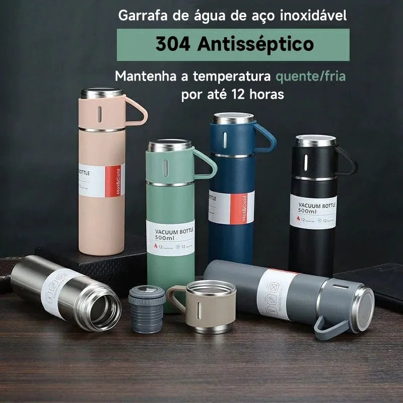 Super Kit  Garrafa Térmica 500ml Stainless + 2 Xicaras - Frete Grátis