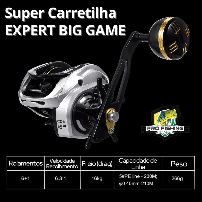 Super Carretilha Expert Big Game com MAX DRAG de 16KG + 7 Rolamentos - Frete Grátis