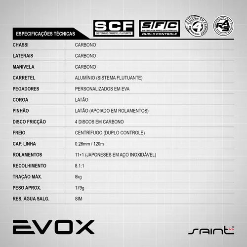 Carretilha Saint Evox Carbon 8.1:1 Drag 8kg - Frete Grátis p/ todo Brasil