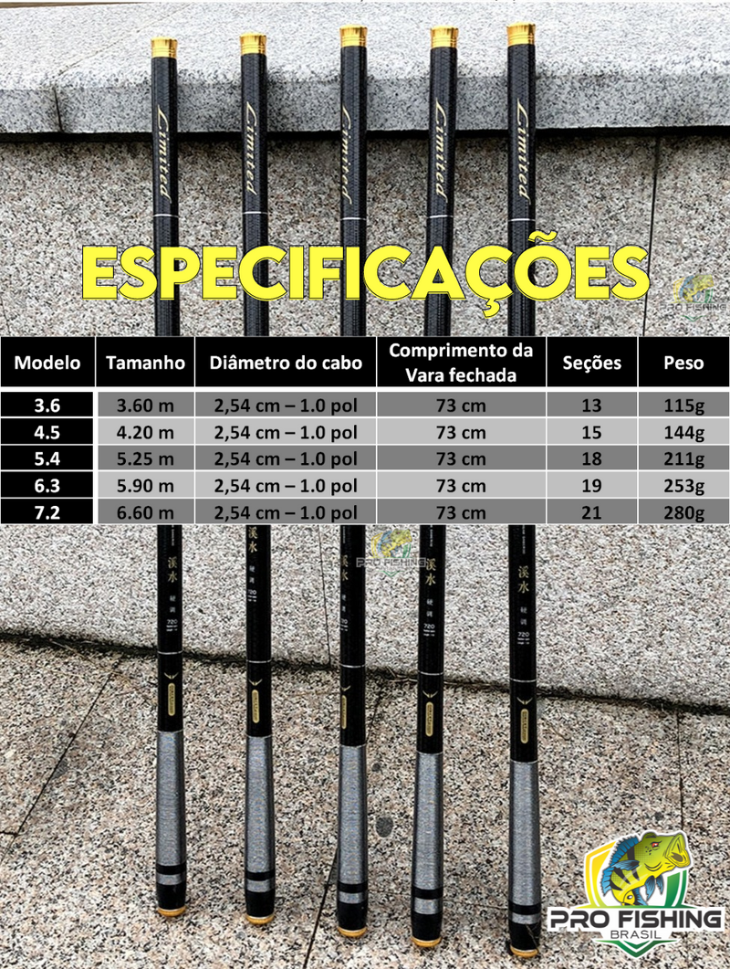 Nova Vara Telescópica de Carbono Premium LIMITED - Importada - Tamanhos: 3.6M/4.5M/5.4M/6.3M/7.2M