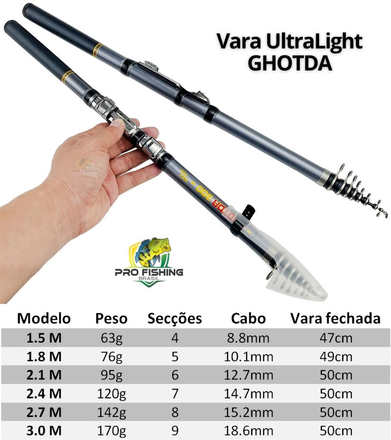 Vara Pesca Telescópica em Fibra Carbono UltraLight Premium - Frete Grátis