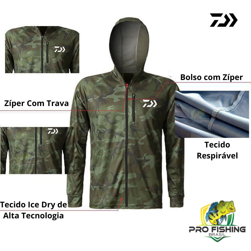 Camisa de Pesca Daiwa 2023 Camuflada - Proteção UV 50 + Frete Grátis